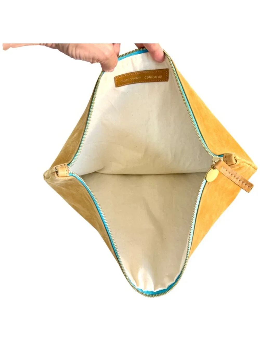 Clare V. Clare Vivier XL Leather Foldover Clutch Tan Turquoise Mint Inside EUC